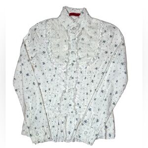 Vintage Petite Floral and Ruffle Lace Cotton Blouse, Size XS